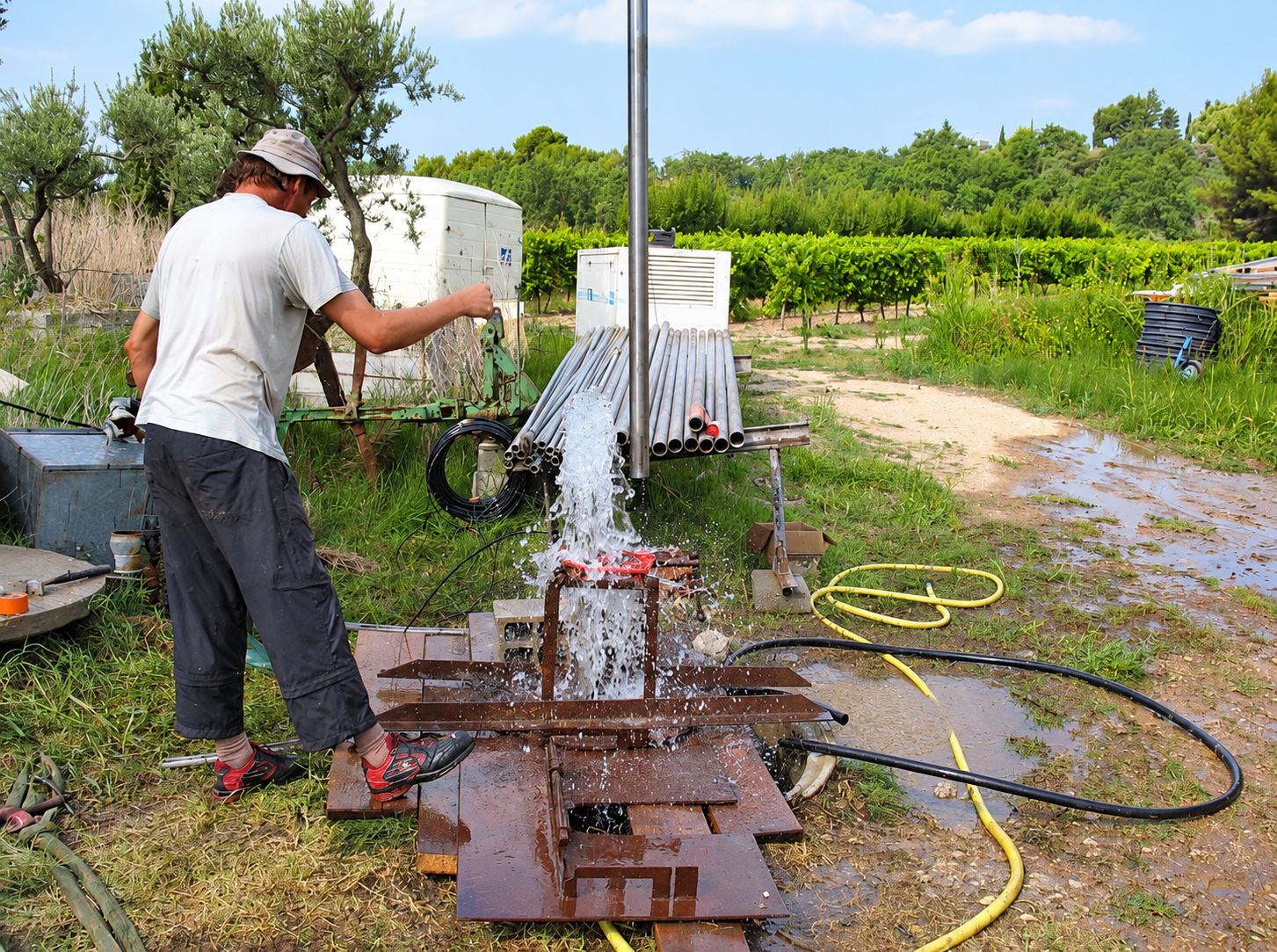 Un ouvrier en t-shirt blanc et casquette surveille l’eau qui jaillit d’un forage, avec des tubes métalliques empilés et des tuyaux au sol près d’une vigne.