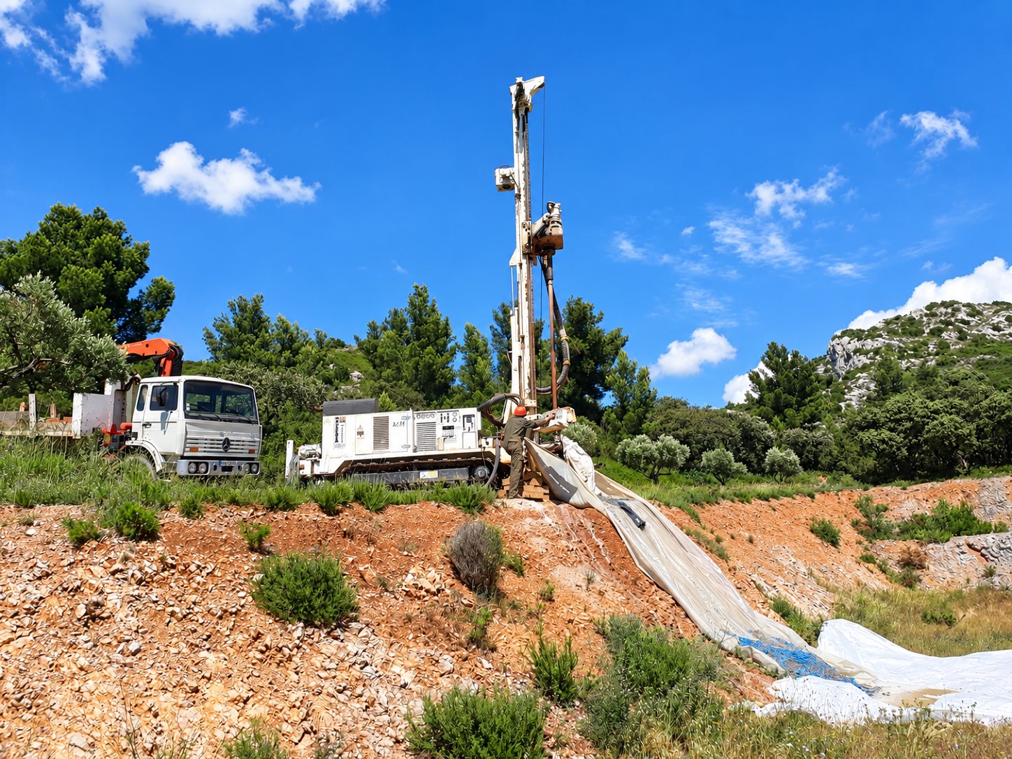 Une foreuse sur chenilles dressée sur un talus de terre et un camion blanc avec grue, tandis qu’un ouvrier travaille sous un ciel bleu.