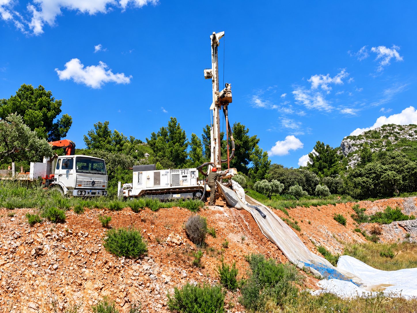 Une foreuse sur chenilles dressée sur un talus de terre et un camion blanc avec grue, tandis qu’un ouvrier travaille sous un ciel bleu.