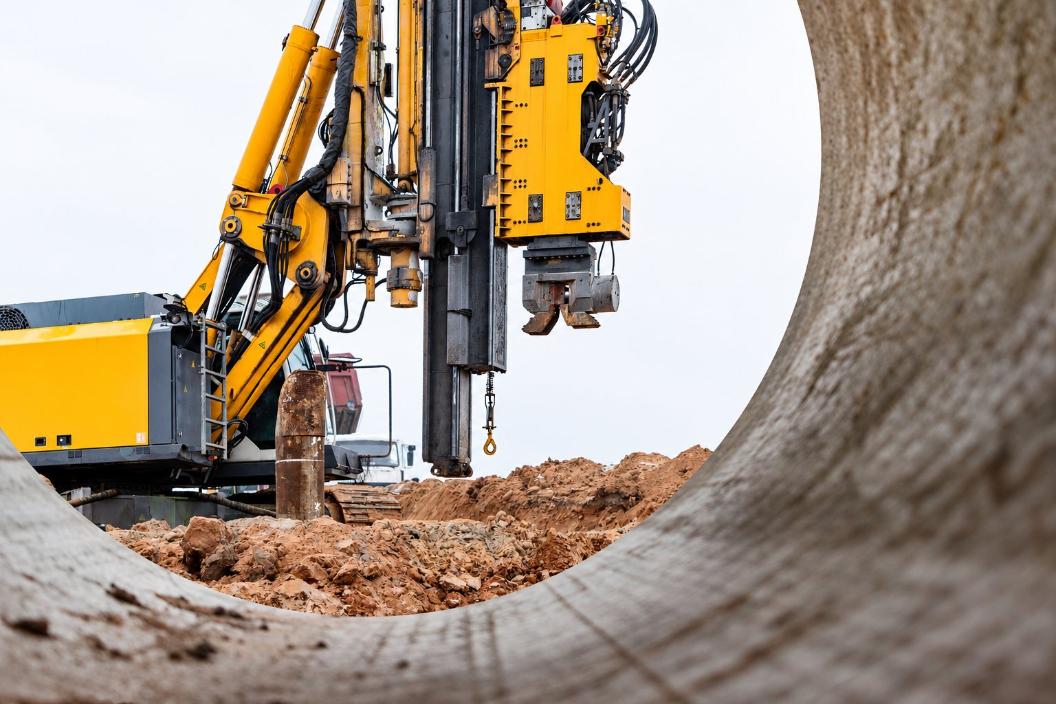 Une foreuse jaune sur un chantier de terrassement, photographiée à travers l’ouverture d’un grand tuyau en béton, avec de la terre ocre au premier plan.