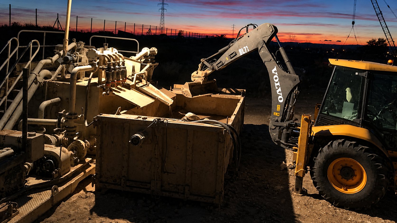 Une pelleteuse Volvo jaune et grise charge un grand bac métallique près d’équipements industriels, sous un ciel de crépuscule coloré.